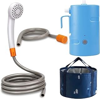 B.TAWD Portable Camping Shower, Built-in 4400mAh, USB Rechargeable IPX7 Waterproof Battery Shower Pump+Collapsible Bucket …